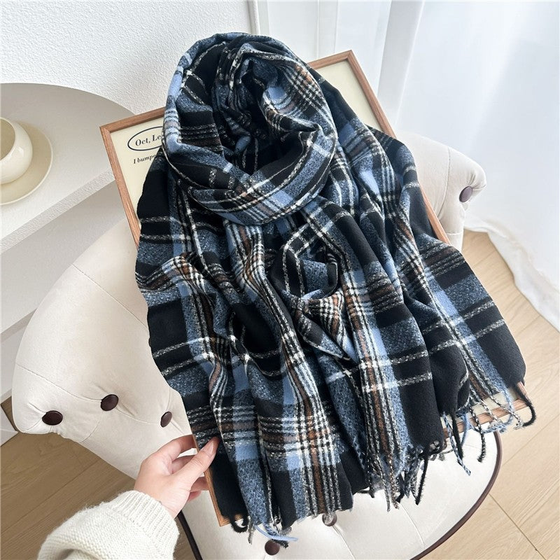 Color Block Plaid Fringe Scarf