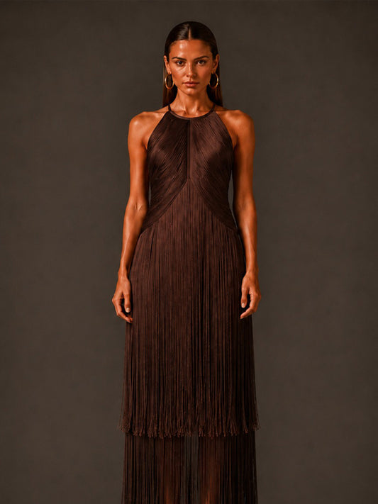 Camilla Sleeveless Bandage Midi Dress with Fringes In Coffee