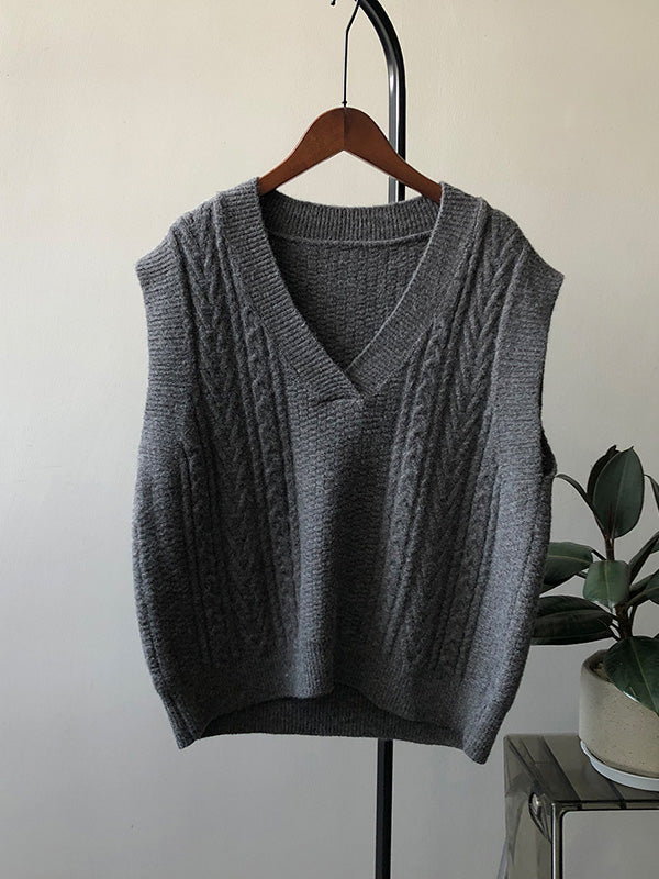 Casual Loose Sleeveless Jacquard Solid Color V-Neck Sweater Vest Outerwear