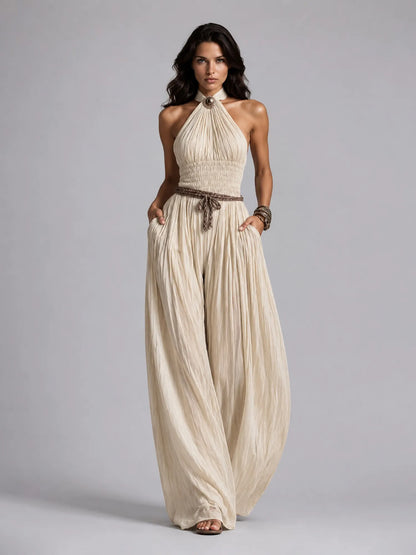 Taylor Pleated Halter-Neck Wide-Leg Jumpsuit