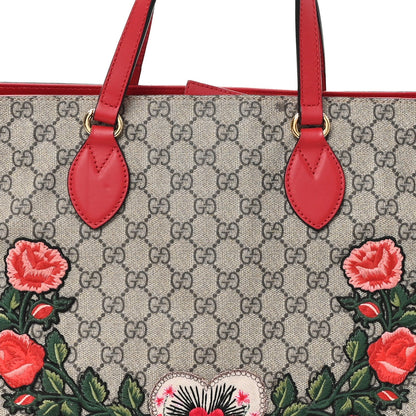 Soft GG Supreme Monogram Flowers Embroidered Crossbody Tote Beige Hibiscus Red