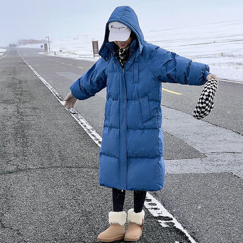 Solid Color Hooded Thickened Down Cotton Long Loose Coat
