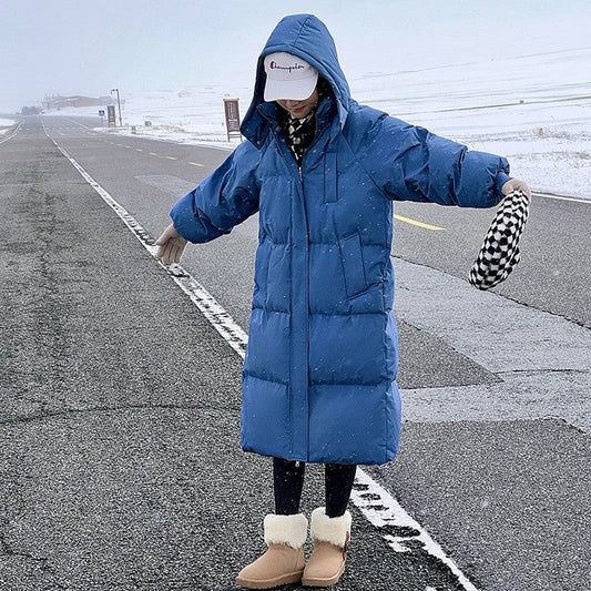 Solid Color Hooded Thickened Down Cotton Long Loose Coat