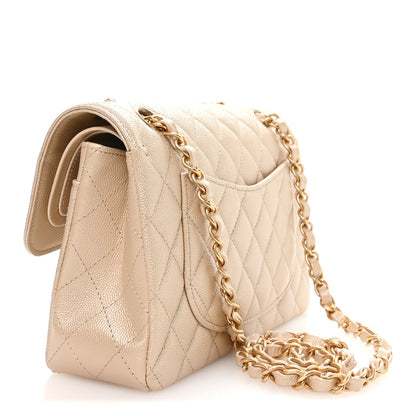 Metallic Caviar Quilted Small Double Flap Beige