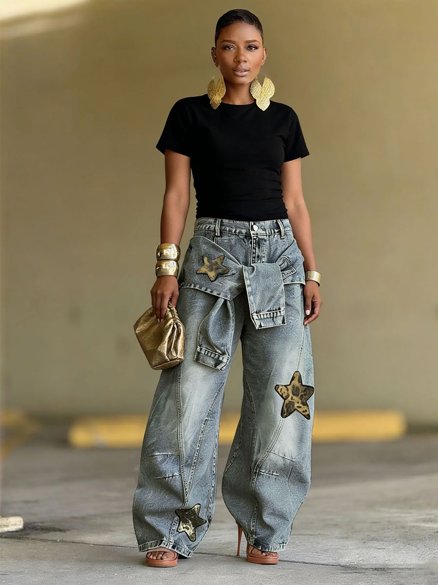 Carolina Star and Leopard Print Patchwork Jeans