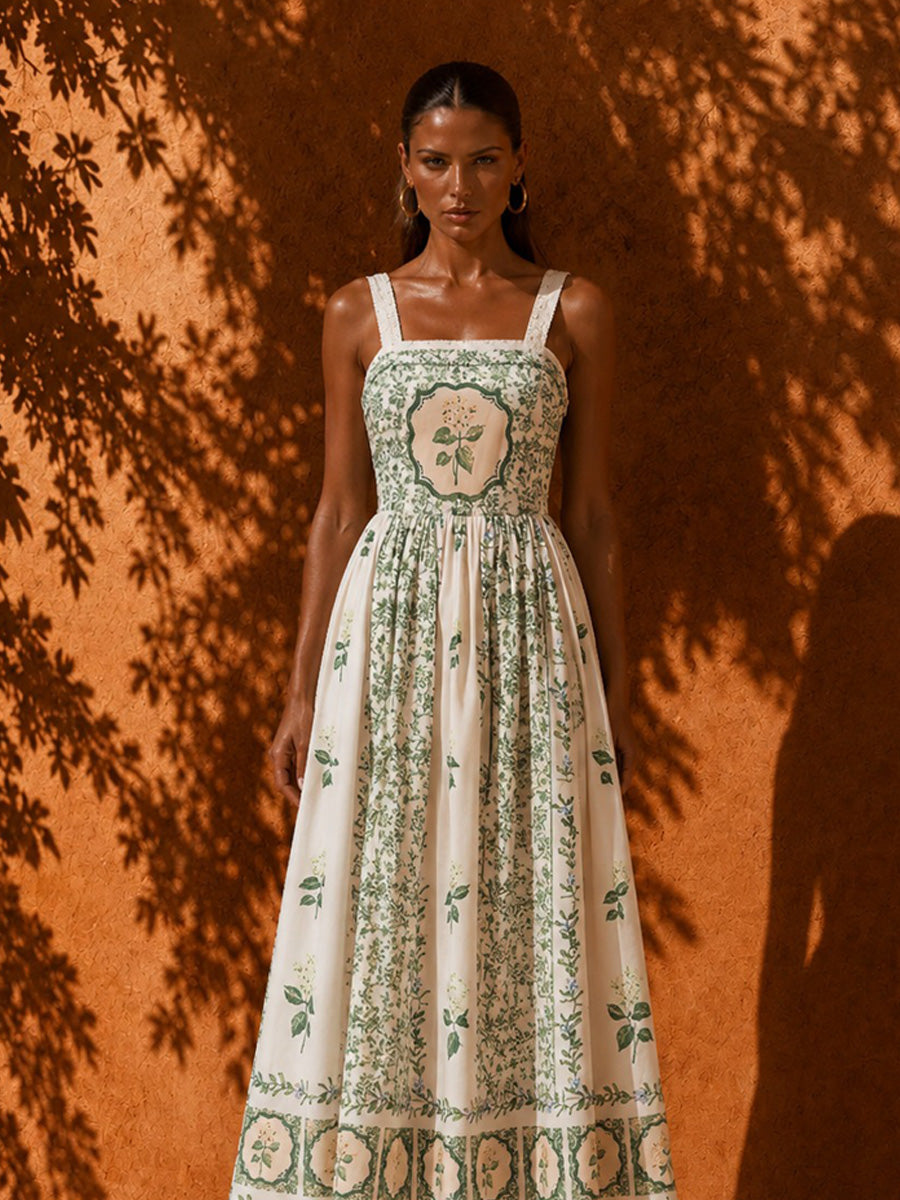 Elara Pearl-Accented Forest-Style Print Midi Dress