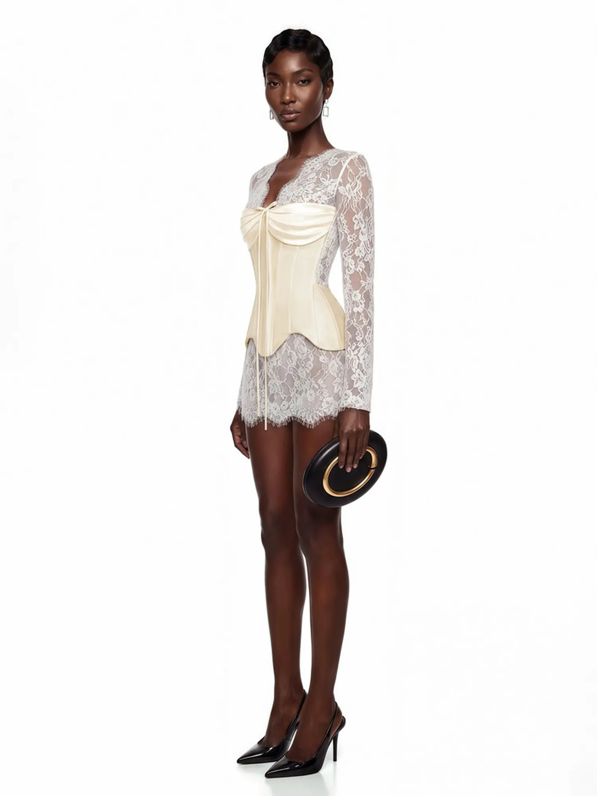 Thea White Ruched Top & Semi Sheer Lace Mini Dress Set