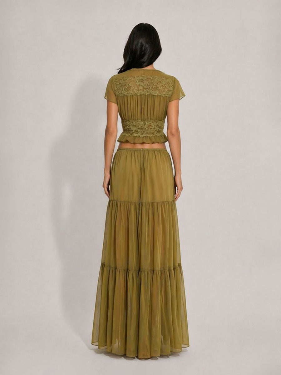 Mariana Mesh & Lace Deep V-Neck Maxi Skirt Set with Ruffles
