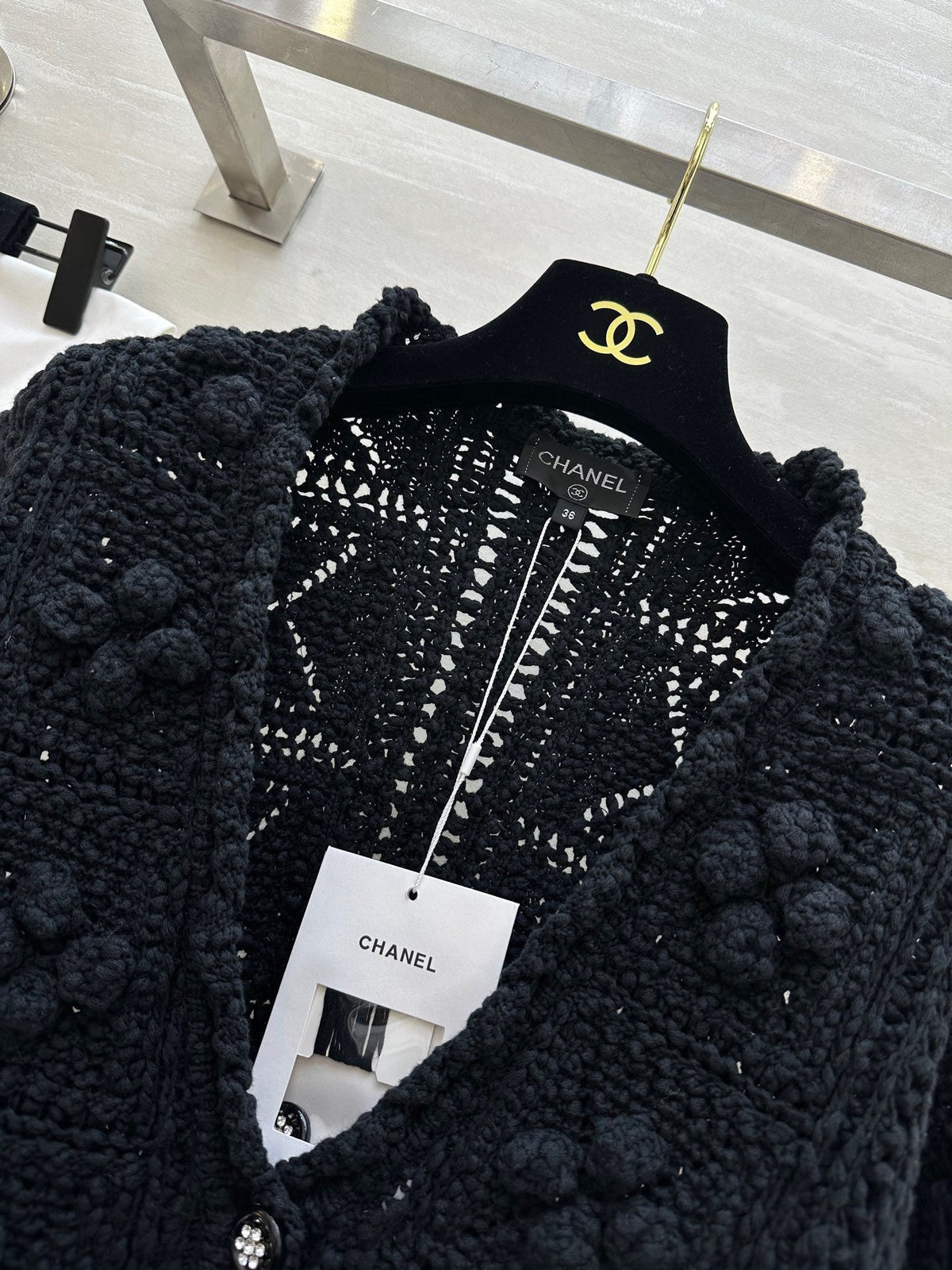 CC Openwork Crochet Knit Cardigan Black Cotton 346493