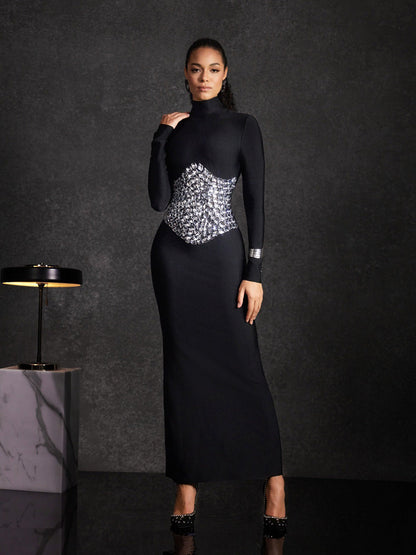 Aubrielle High Neck Crystal Bandage Maxi Dress