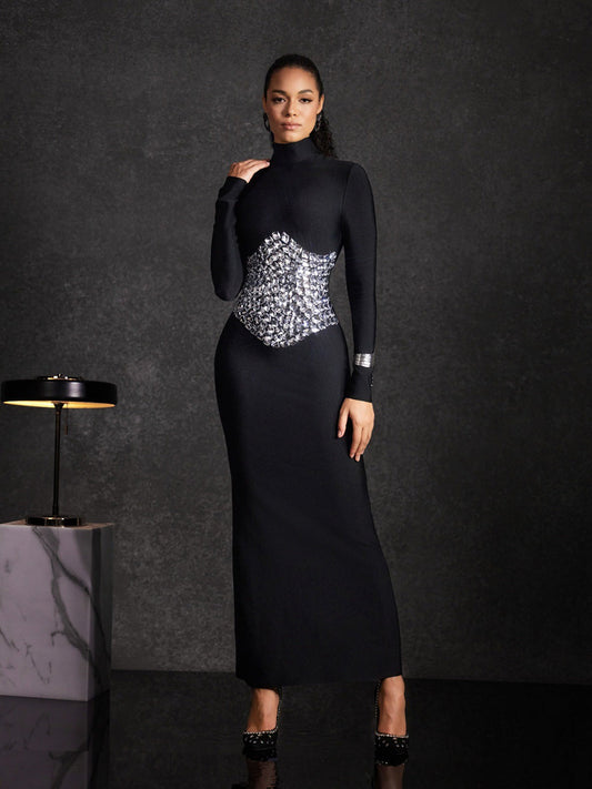 Aubrielle High Neck Crystal Bandage Maxi Dress