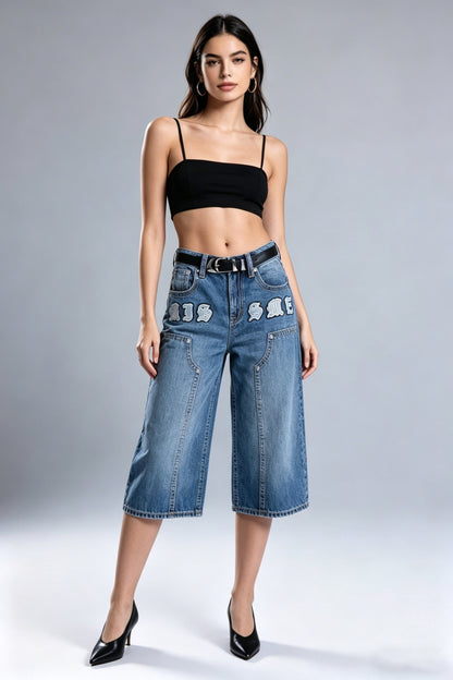 Nyla Embossed Patchwork Cargo Jeans