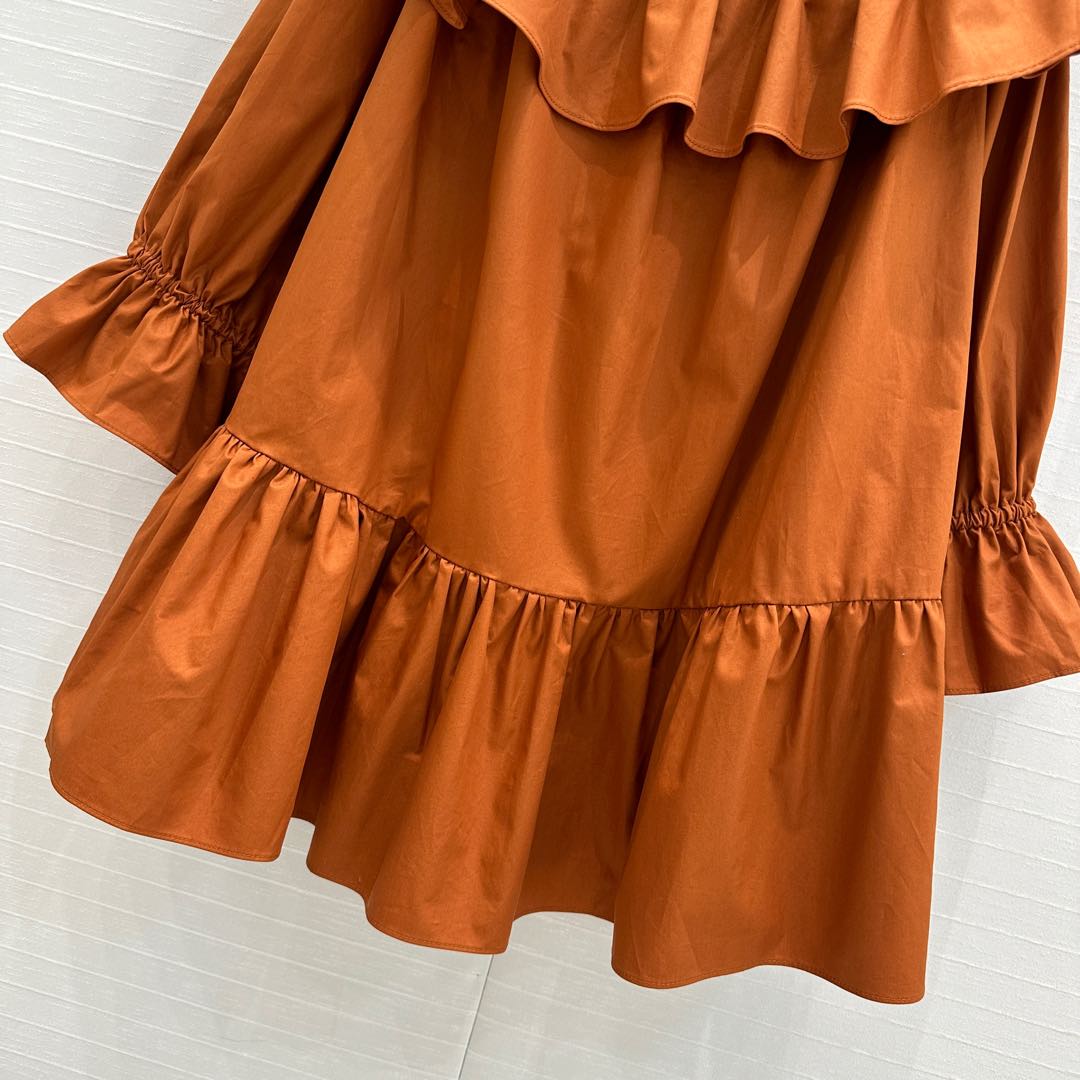 YSL One-shoulder Drawstring Puff Sleeve Dress Caramel Cotton