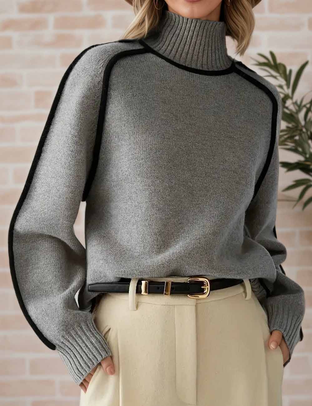 Elegant High Neck Ribbed Knit Sweater
