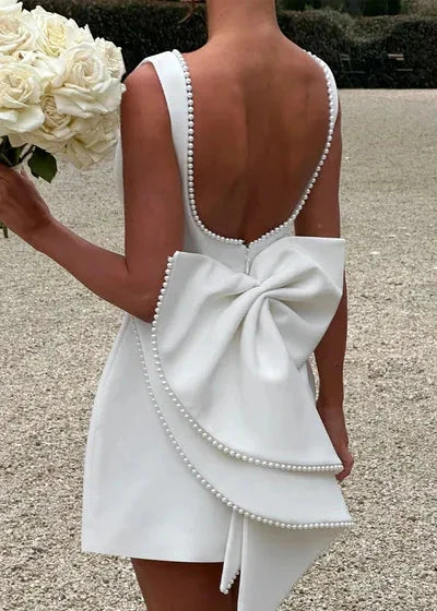 Mini Dress White Sleeveless Pearl Trim Bow Back