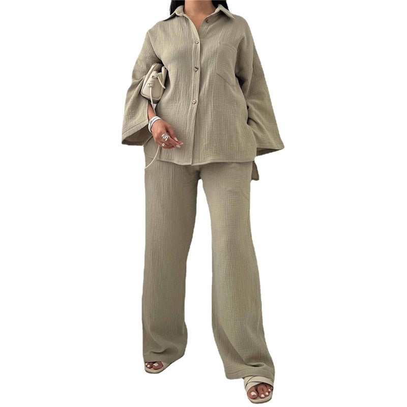 Solid Color Long Sleeve Lapel Blouse And Wide Leg Pants Two Pieces Suit