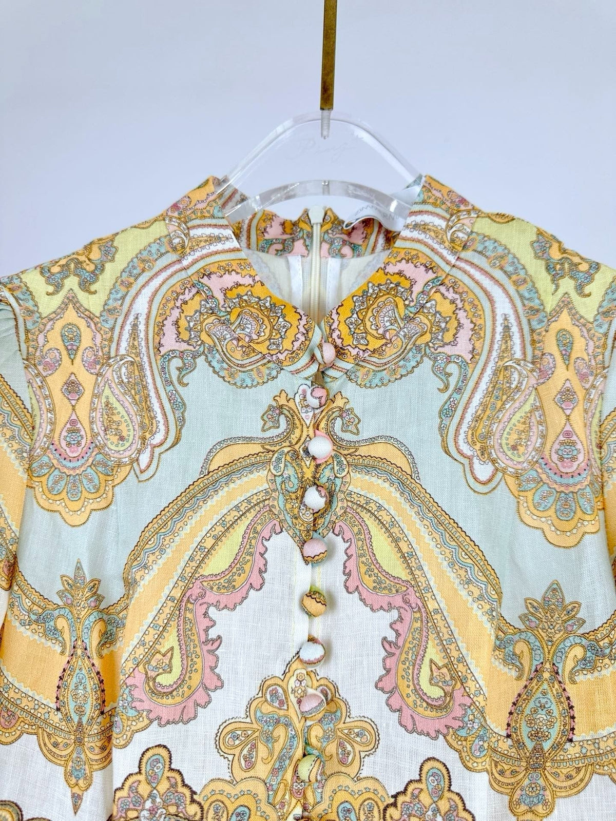 HIGH-NECK LONG-SLEEVE PRINTED DRESS IN PURPLE AND YELLOW