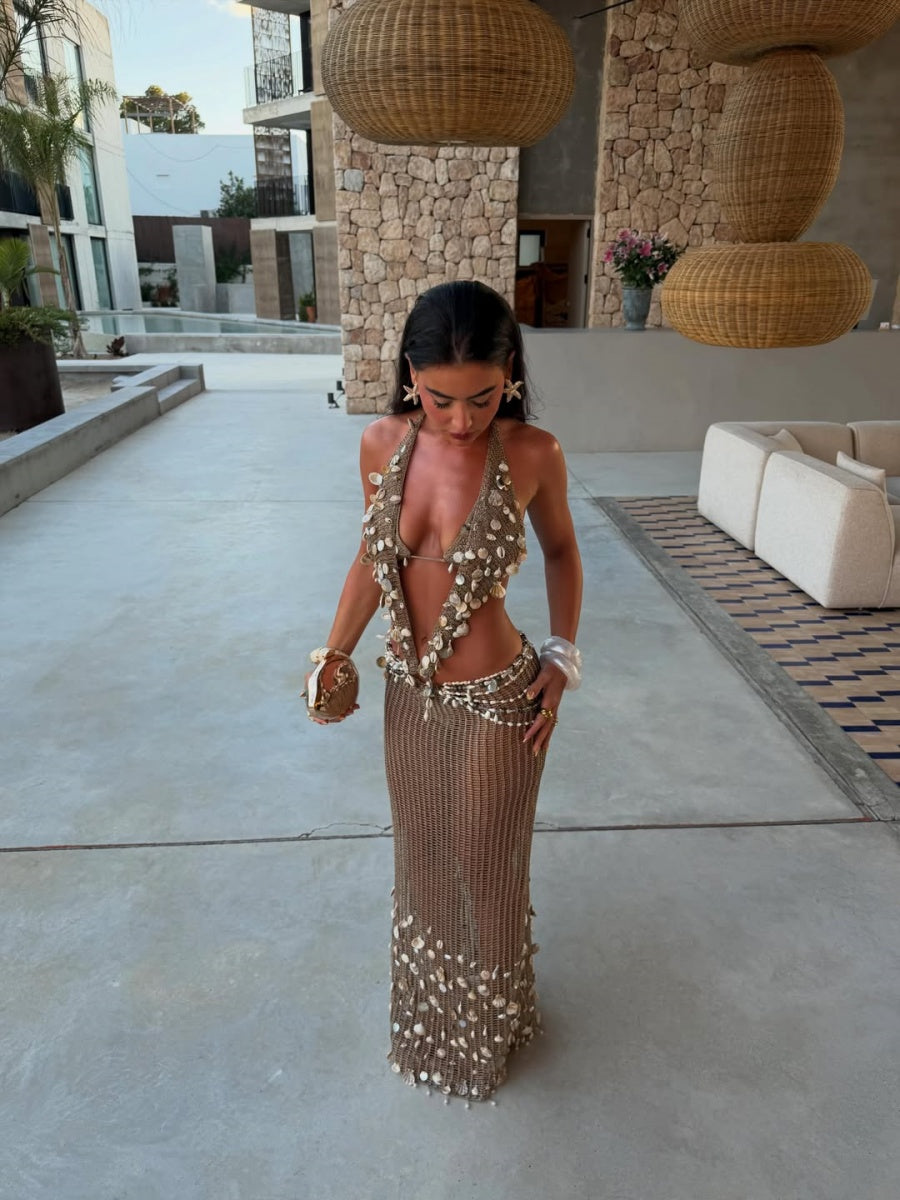 Kylie Shell-Embellished Halter Crochet Maxi Dresses