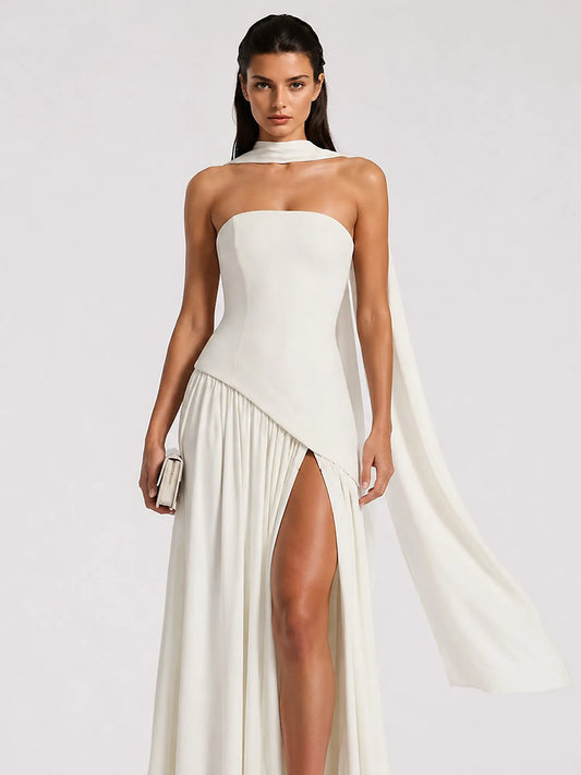 Celeste Strapless Ruched Slit Maxi Dress In White