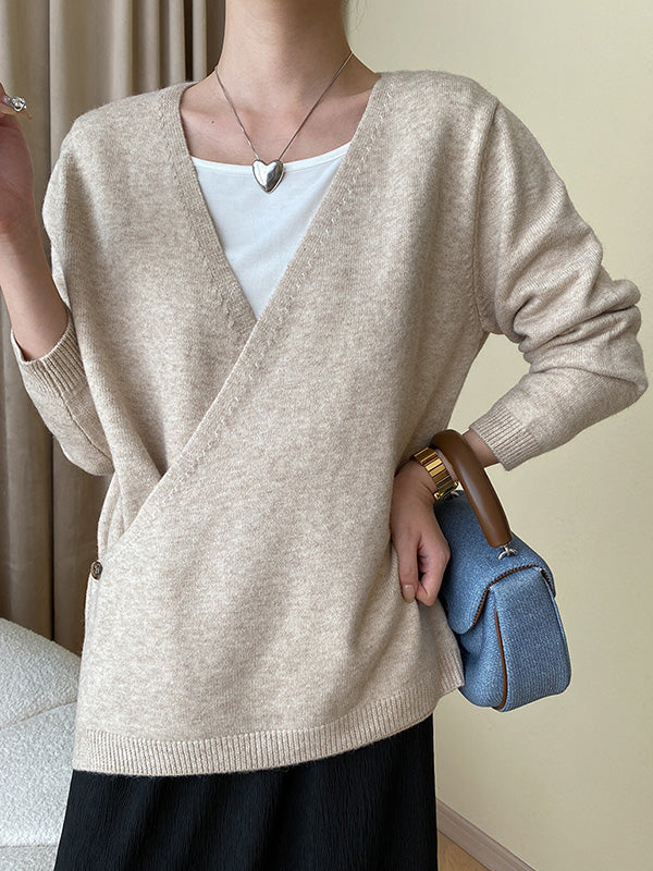 Long Sleeves Loose Asymmetric Buttoned V-Neck Cardigan Tops