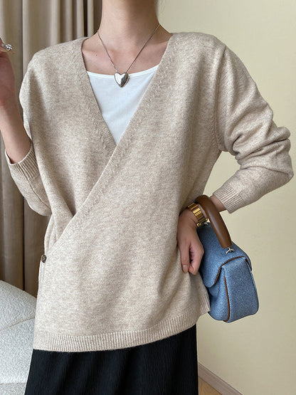 Long Sleeves Loose Asymmetric Buttoned V-Neck Cardigan Tops