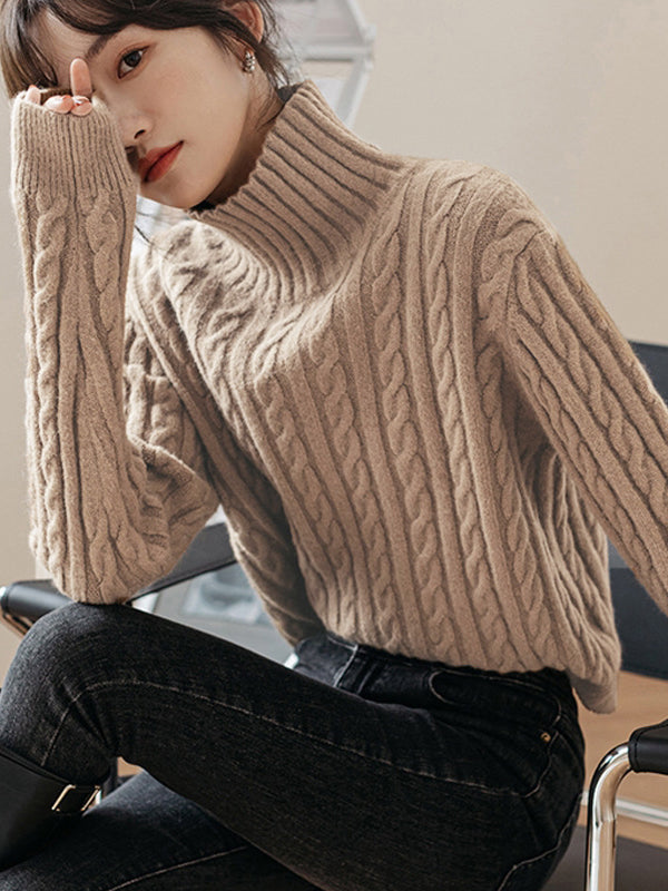 Casual Long Sleeves Loose Solid Color High-Neck Sweater Tops