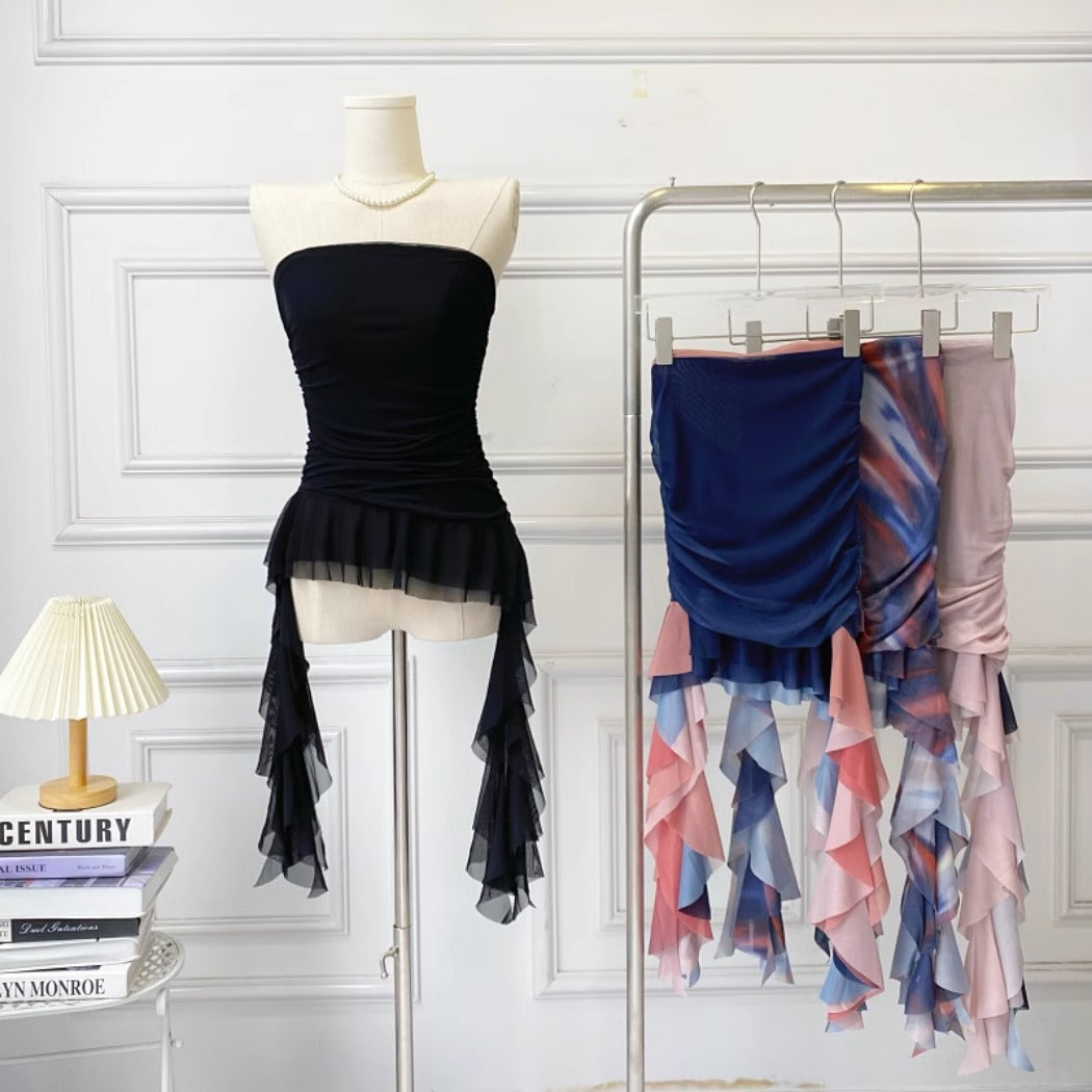 Vesty - Asymmetrical Fringe Hem Bustier Top