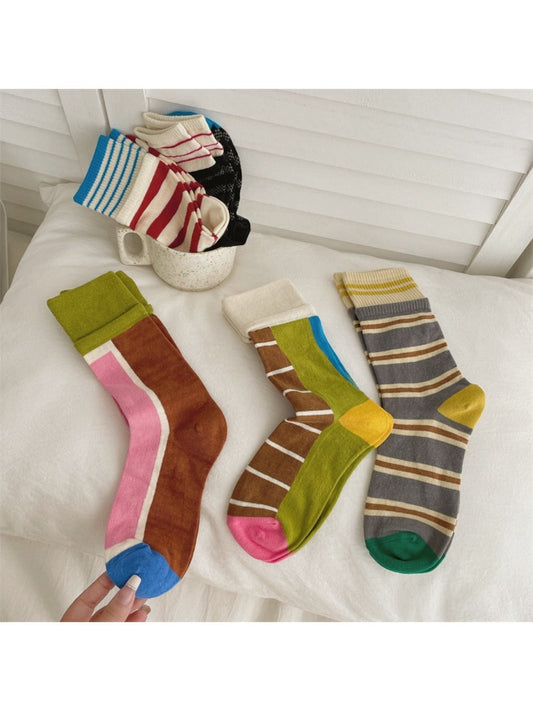 Rufia - Colorful Patchwork Stripe Mid-Calf Socks - Classic &amp; Fresh