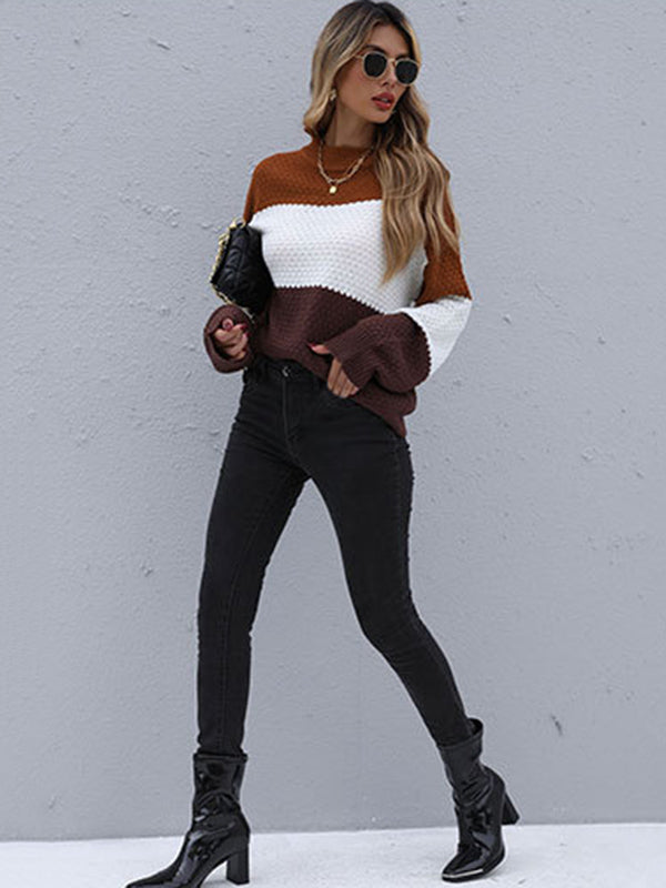 Simple Loose Contrast Color Striped Round-Neck Sweater