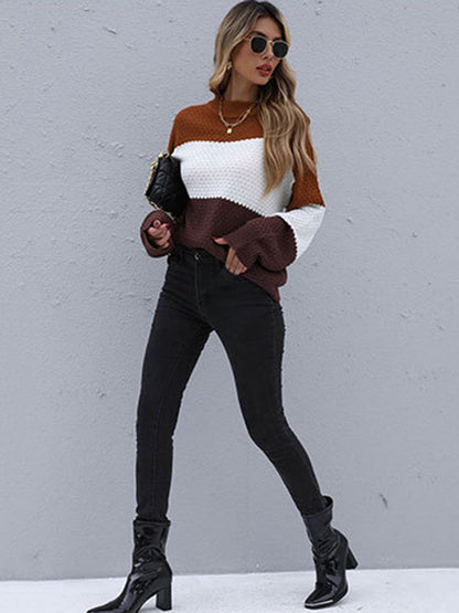 Simple Loose Contrast Color Striped Round-Neck Sweater
