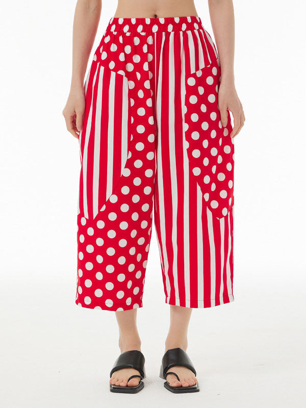 Cropped Loose Polka-Dot Split-Joint Striped Casual Pants Bottoms Cropped Trousers