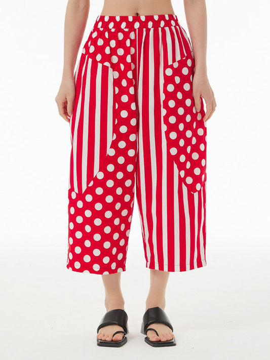 Cropped Loose Polka-Dot Split-Joint Striped Casual Pants Bottoms Cropped Trousers