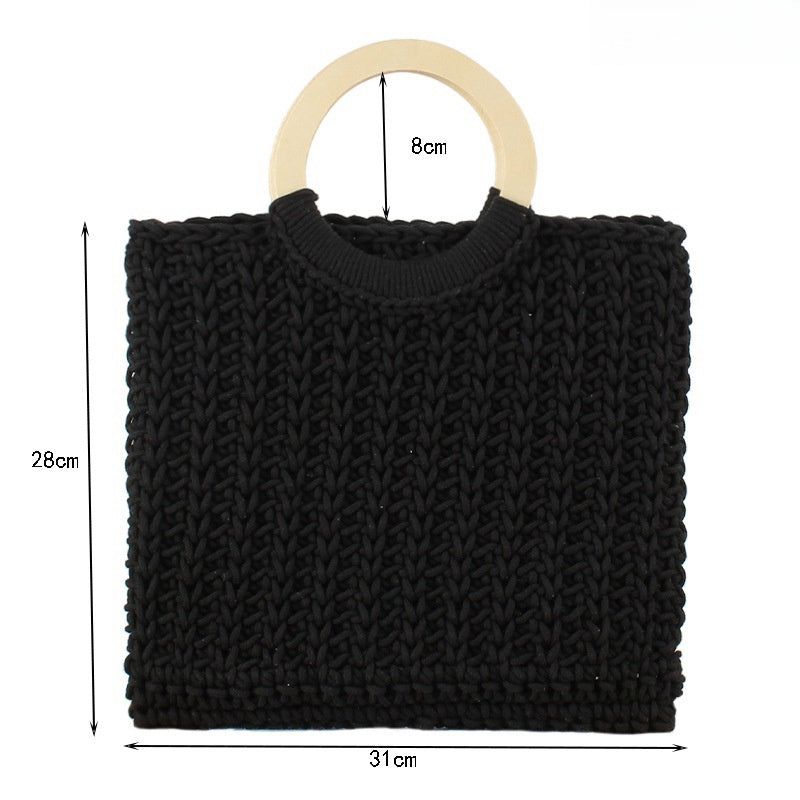 Crochet Market Bag Wooden Handle Handbag