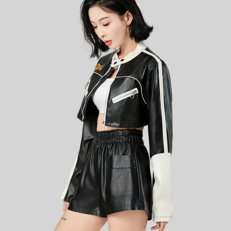 Short Color Block Motorcycle Jacket