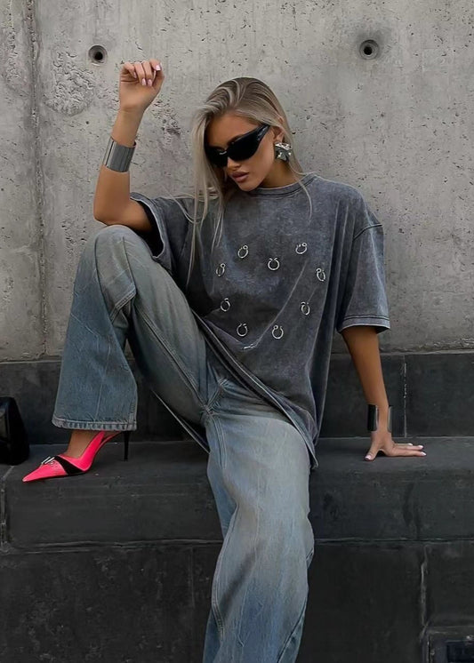 Oversized Cotton Tee With Metallic Ring Accents