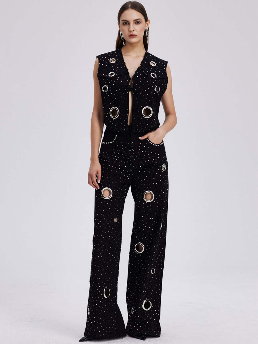 Liana Embellished Cutout Denim Pants Set