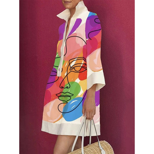 Loose Three-Quarter Sleeves Buttoned Contrast Color Figure Printed Lapel Collar Mini Dresses Short Dresses