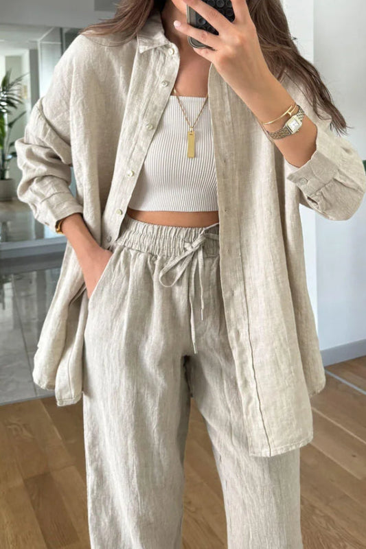 Casual Cotton Linen Shirt \u0026 Cropped Pants Two-Piece Set