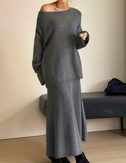 2 Pcs Fall Knit Loose Sweater Midi Skirt Set