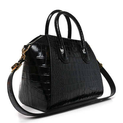Calfskin Crocodile Embossed Small Antigona Black