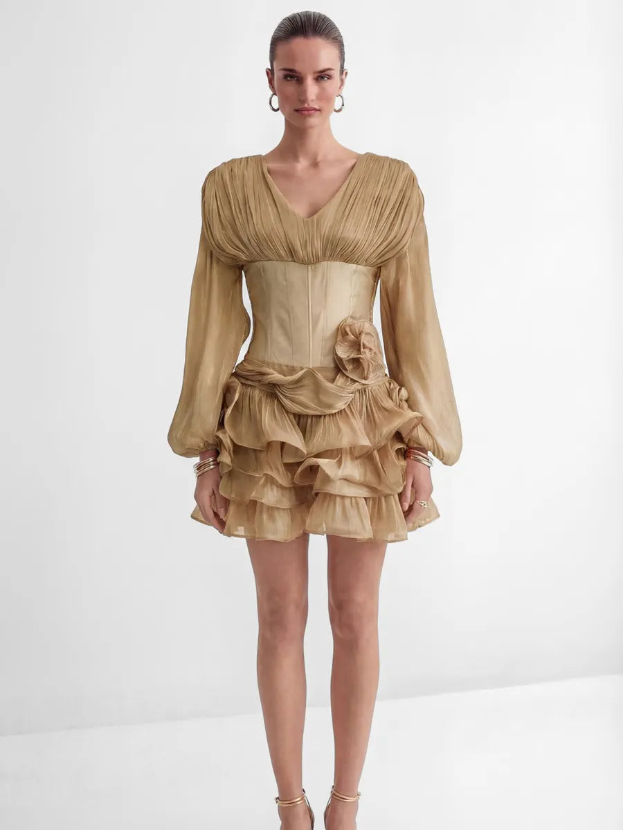 Margot Khaki Corset Bodice Ruffled Mini Dress