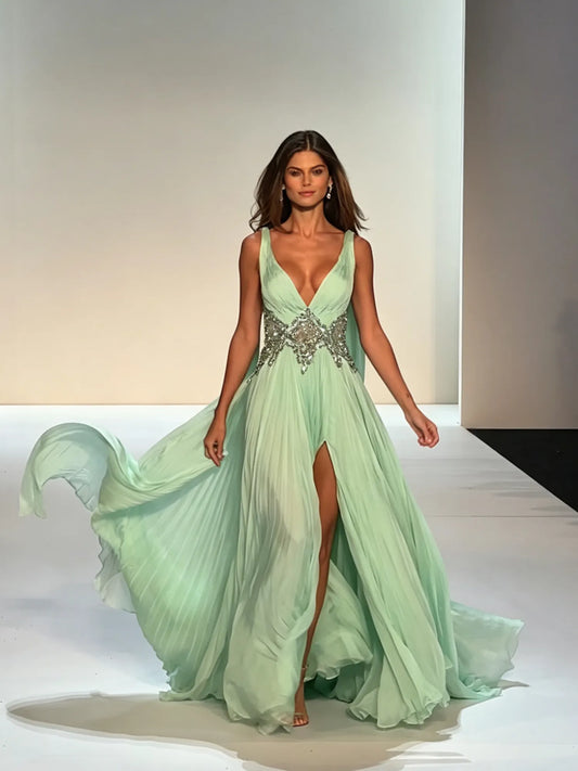 Lira V Neck Beaded Chiffon Maxi Dress In Sage Green