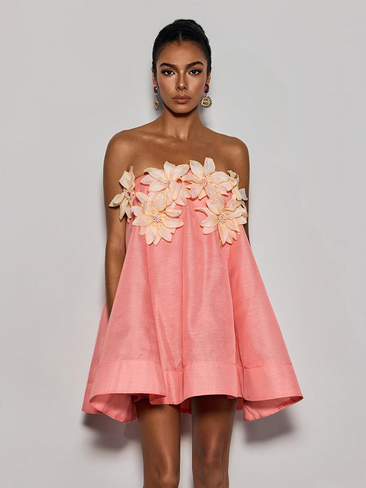 Olivia Strapless Flower Mini Dress In Coral