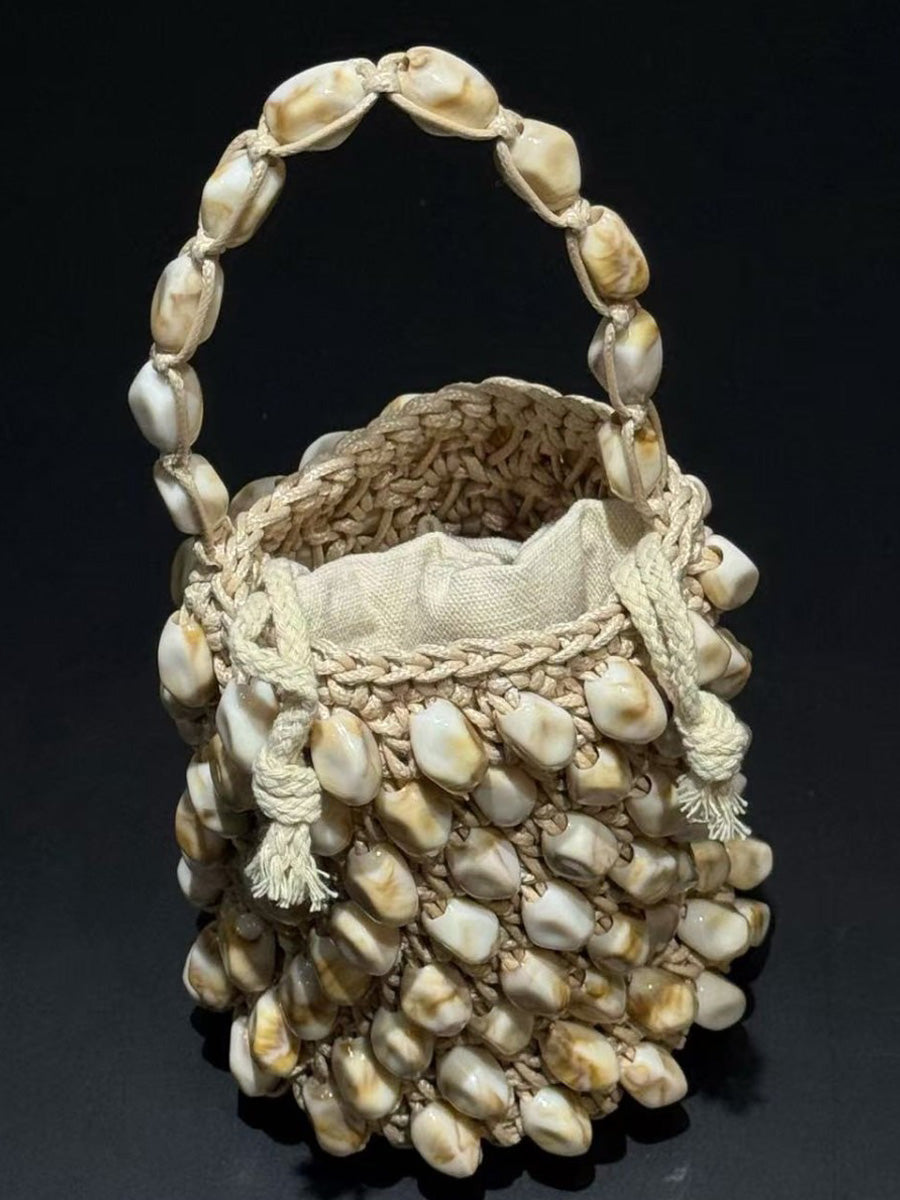 Grace Waxed Cord Beaded Woven Bucket Bag