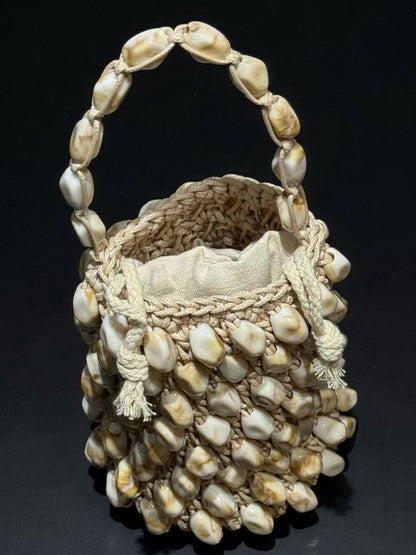 Grace Waxed Cord Beaded Woven Bucket Bag