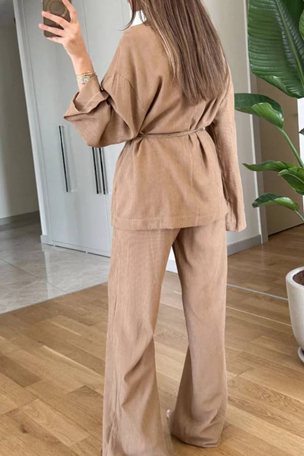 Casual Solid Color Lappel Top \u0026 Pants Two-Piece Set