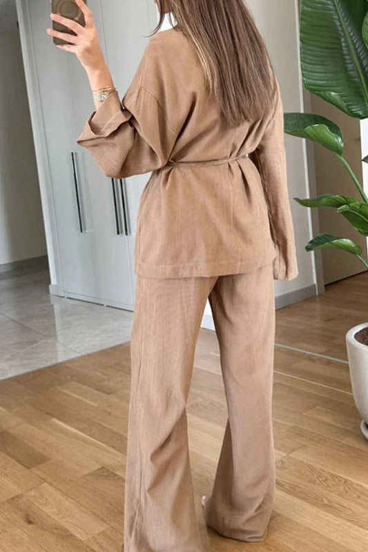 Casual Solid Color Lappel Top \u0026 Pants Two-Piece Set
