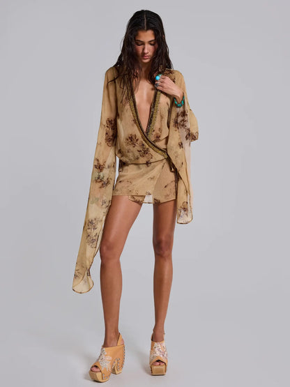 Sienna Floral Beaded Wrap Mini Dress in Khaki
