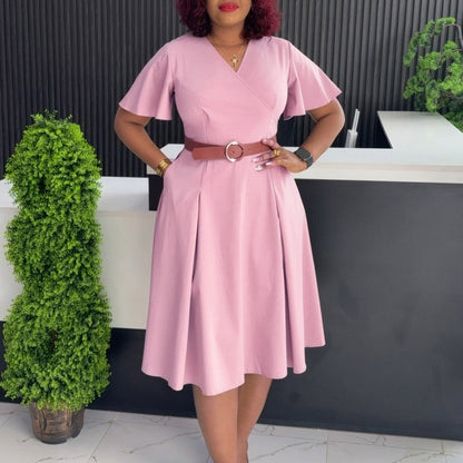 V-Neck Flared Sleeve A-Line Dress