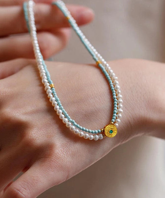 Handmade Colorblock Alloy Double-Layer Pearl Beading Pendant Necklace
